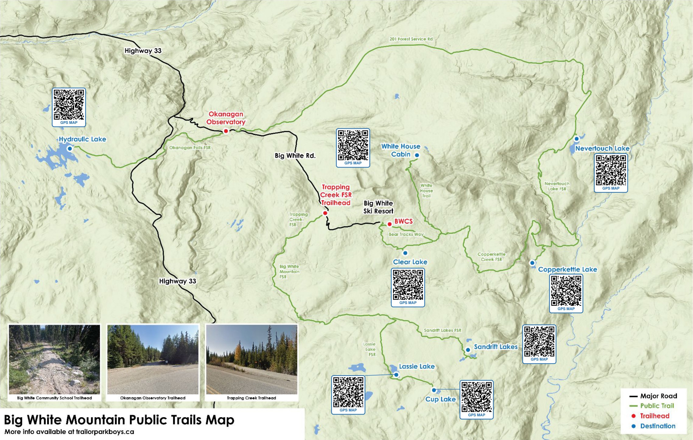 Big White Mountain Public Trails Map showing trailheads, public trails and lake destinations around Big White